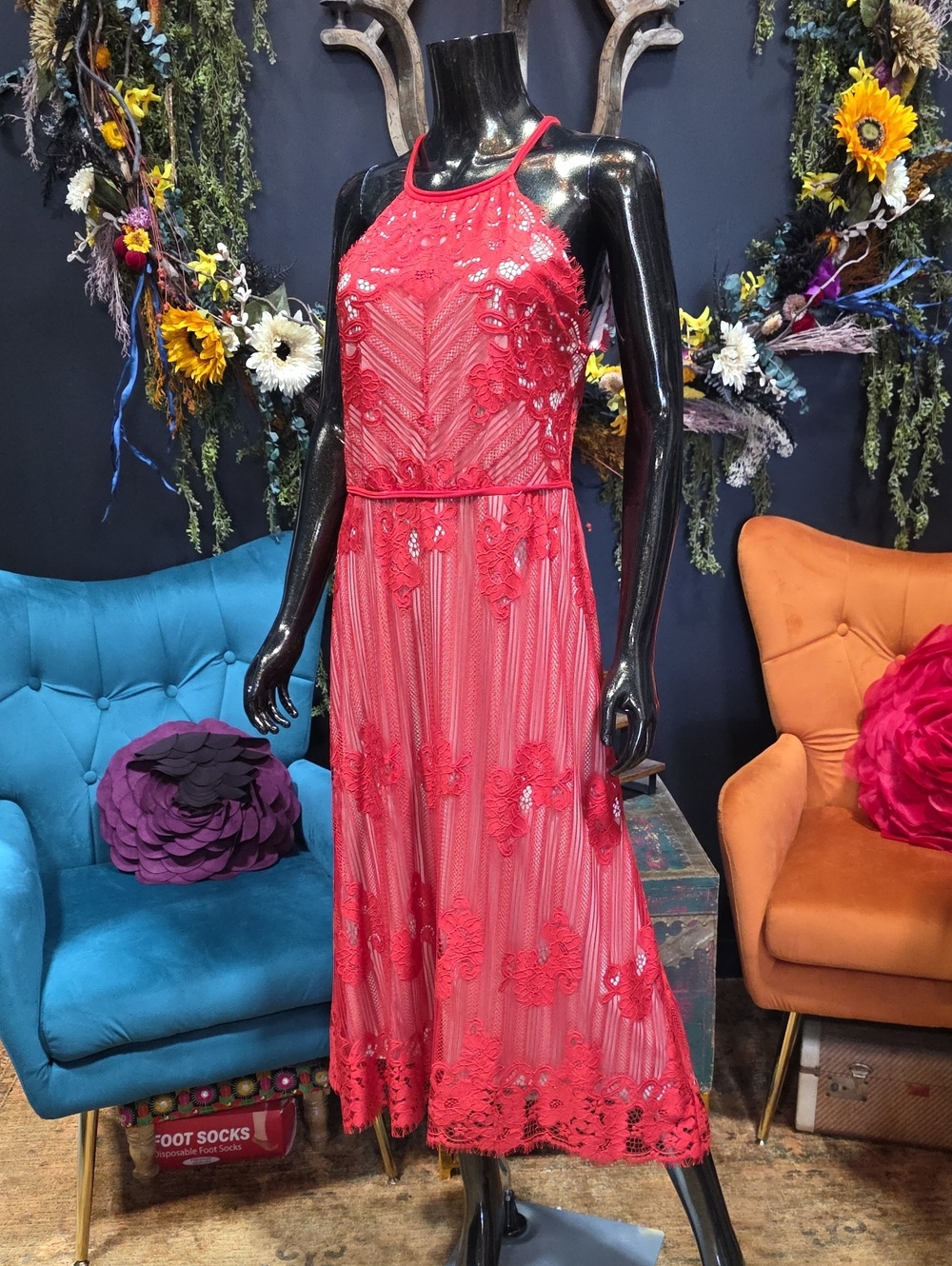 Chelsea & Violet Red Floral Lace Halter Midi Dress